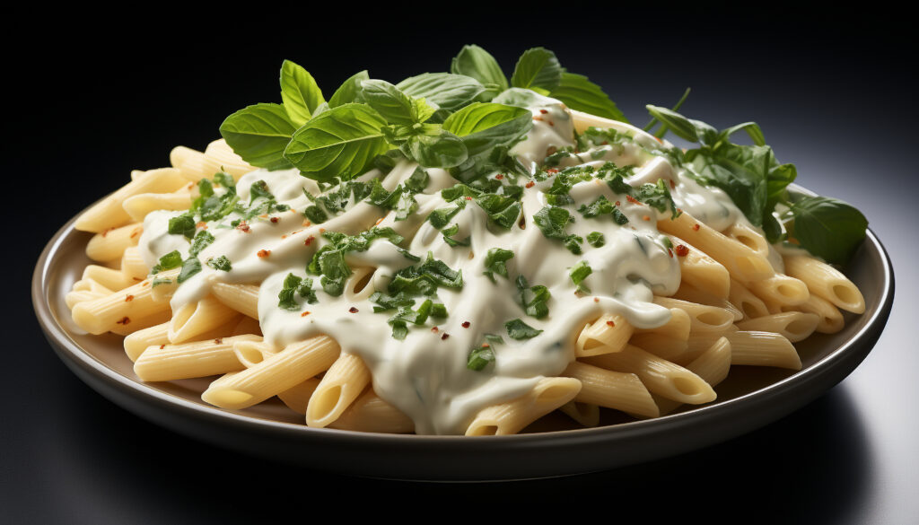 Creamy Alfredo sauce being poured over fettuccine pasta for a delicious finish.
