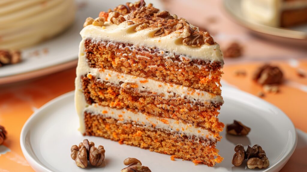 A moist slice of Easy Carrot Cake Recipe with cream cheese frosting and a sprinkle of cinnamon.
