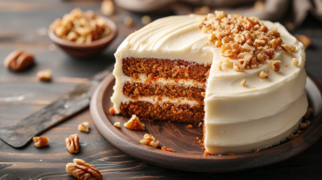 A moist carrot cake with cream cheese frosting, adorned with fin