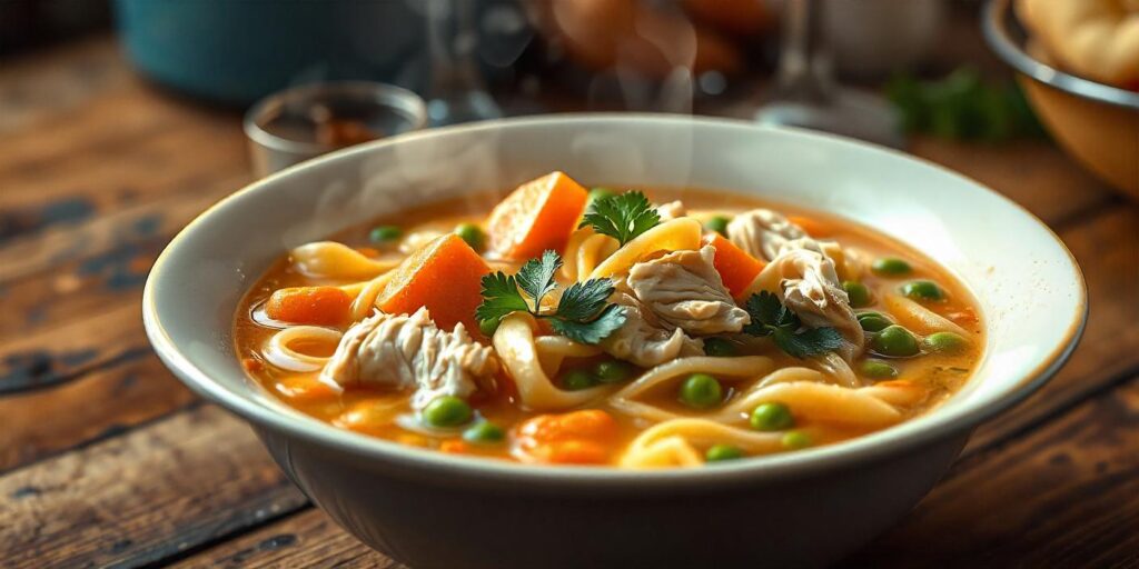 Gluten-free Chicken Noodle Soup with rice noodles and fresh herbs