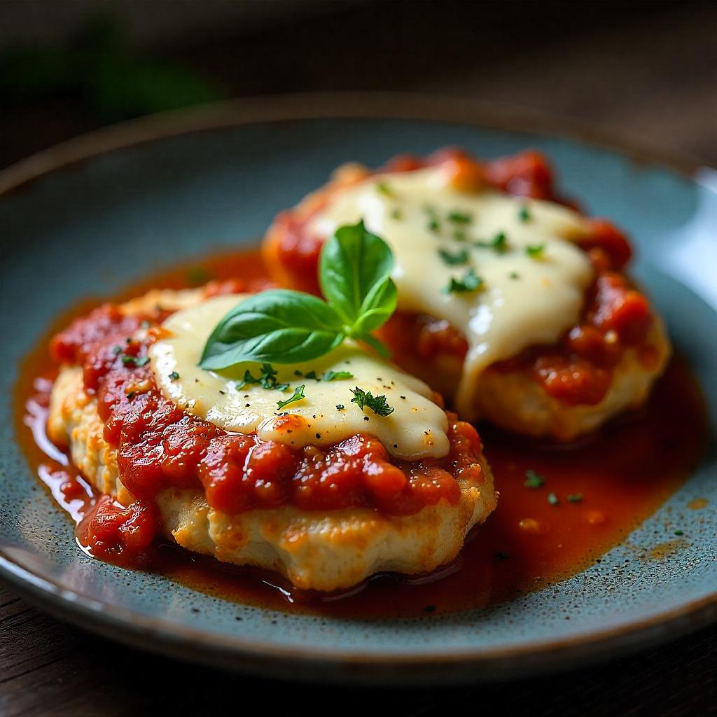 Fresh basil being sprinkled on top of a finished Chicken Parmesan dish