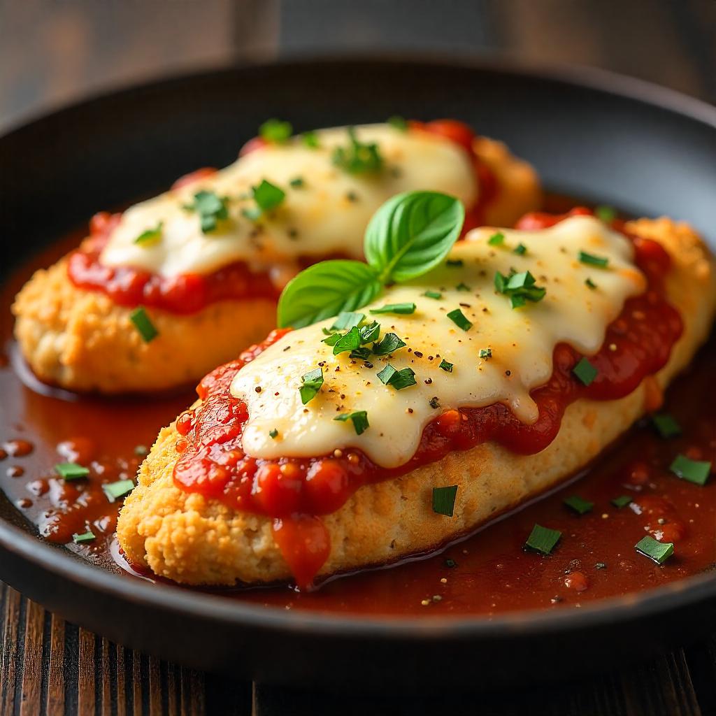 Close-up of Chicken Parmesan layers: crispy chicken, sauce, and cheese