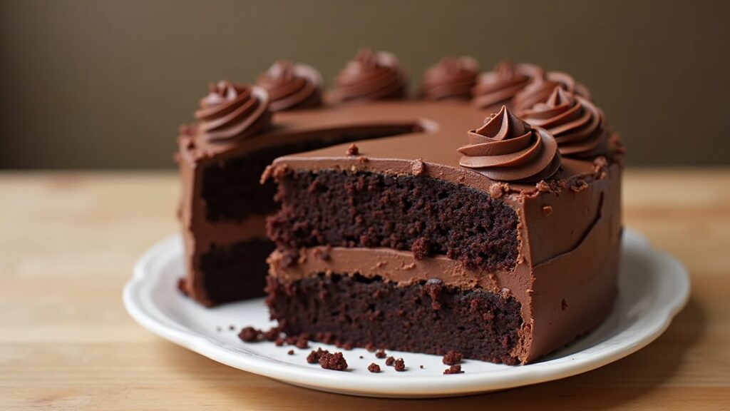 Layers of chocolate cake with creamy chocolate filling.
