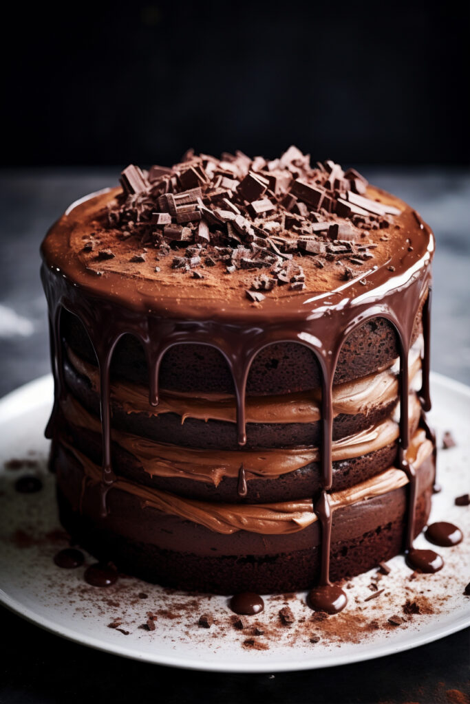 A whole chocolate cake topped with chocolate shavings.
