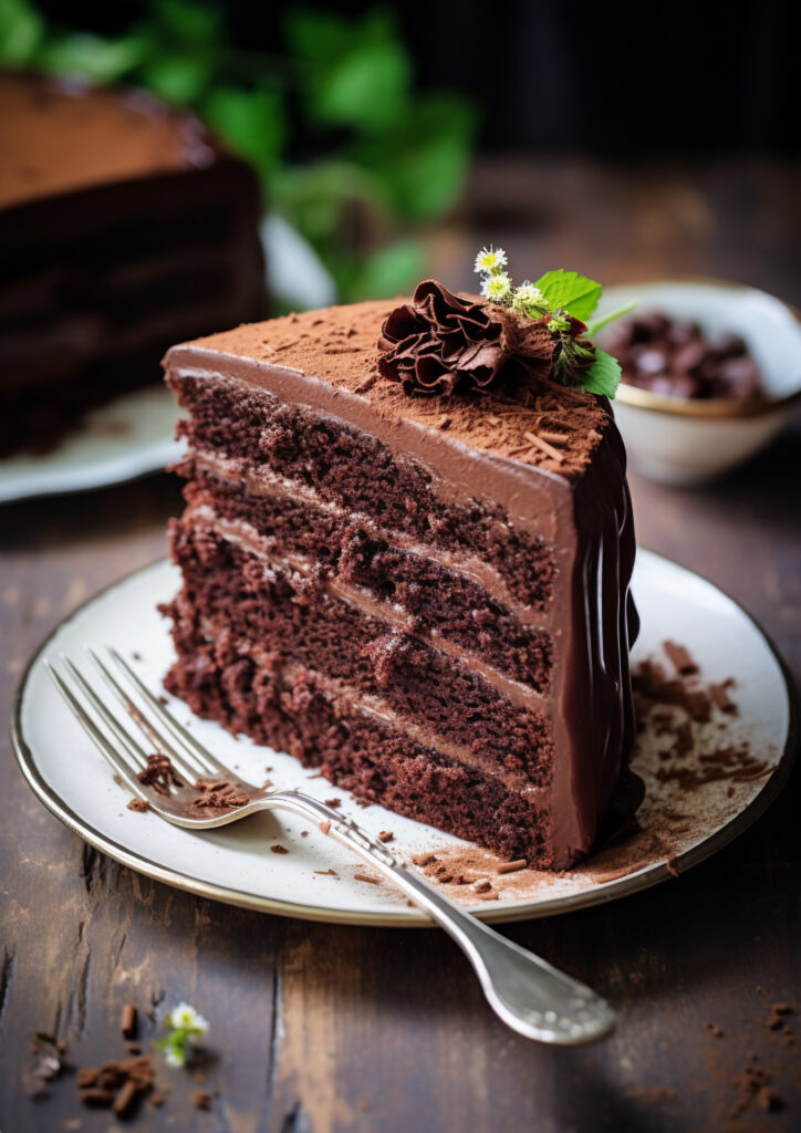 Cutting a slice from a chocolate cake.
