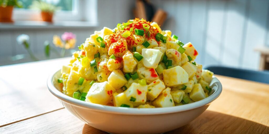 Egg salad garnished with paprika and chives.
