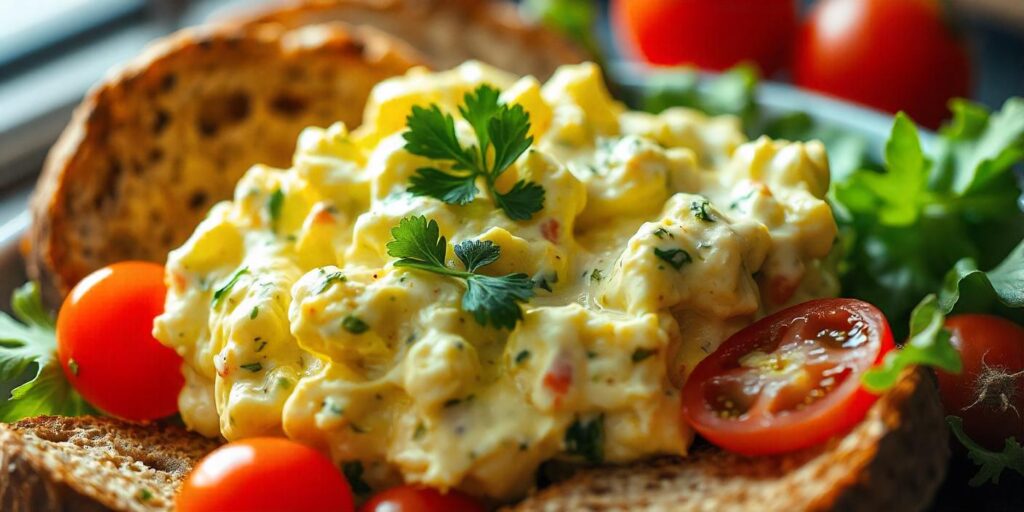 Close-up of egg salad on a slice of toasted bread.
