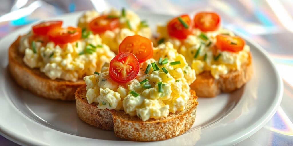 egg salad on a slice of toasted bread.