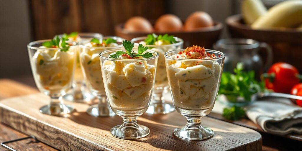 Classic egg salad on a wooden serving platter.
