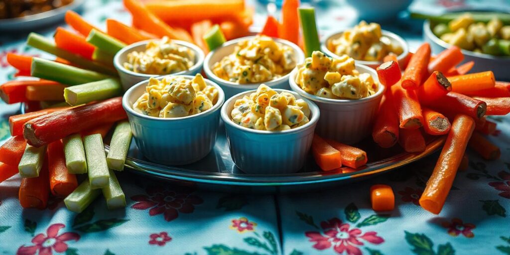 A simple egg salad served with crackers for dipping.
