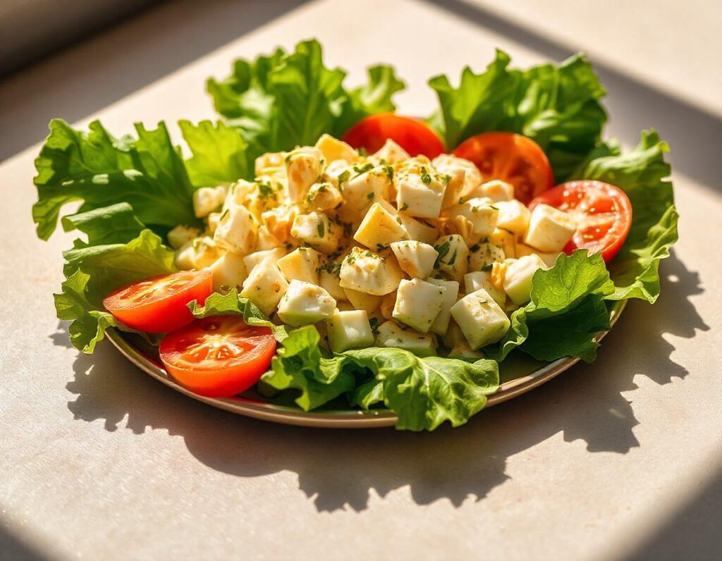 Creamy egg salad served in a bowl with fresh herbs.
