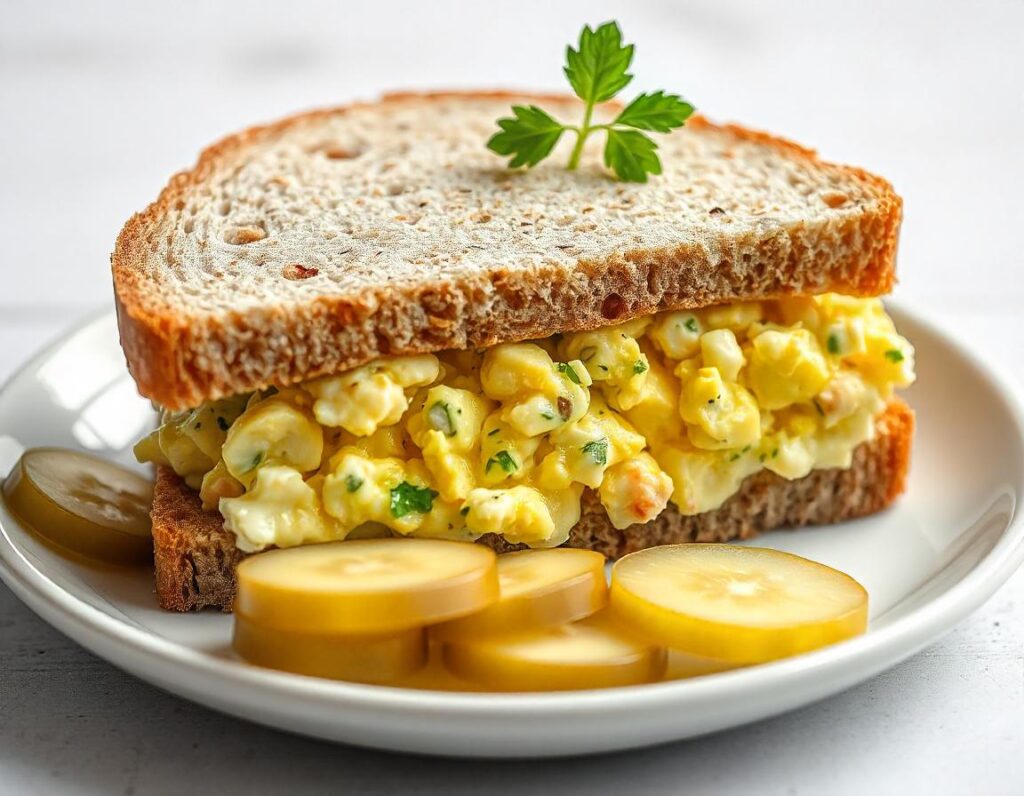 Freshly prepared egg salad in a sandwich