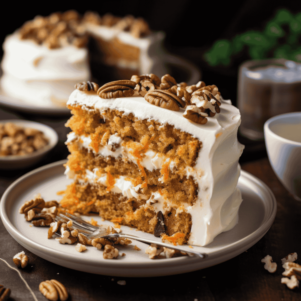 Close-up of a slice of Easy Carrot Cake Recipe served on a plate with a fork.
