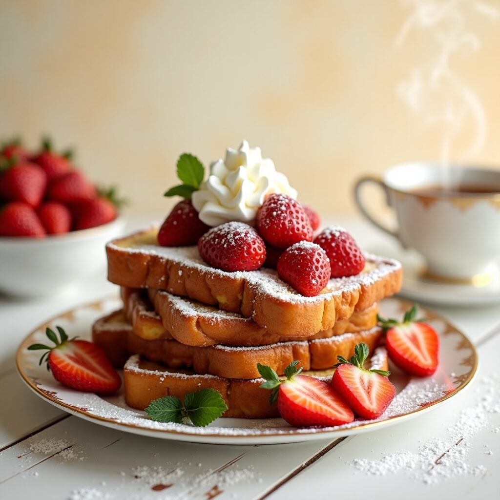 Classic French toast served with fresh strawberries and whipped cream.
