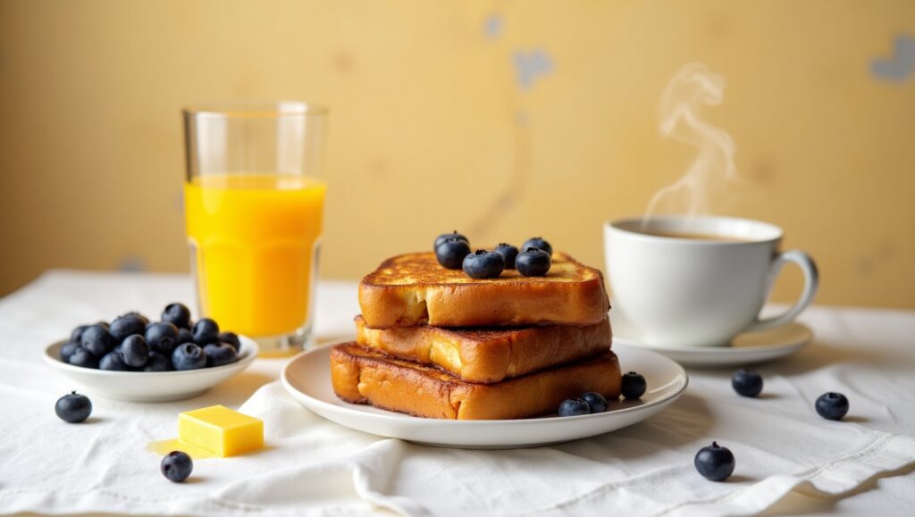 Classic French toast topped with a drizzle of honey and a side of fresh fruit.
