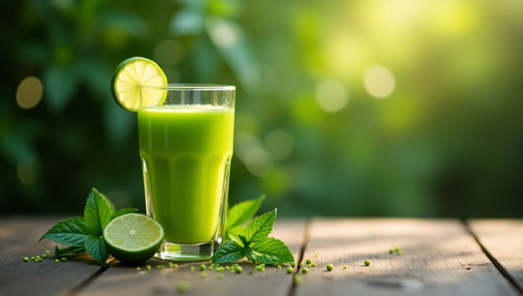 Overhead shot of green juice with parsley and celery garnish