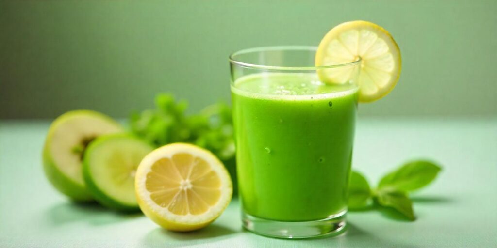 Green juice being poured into a glass, fresh greens on the side