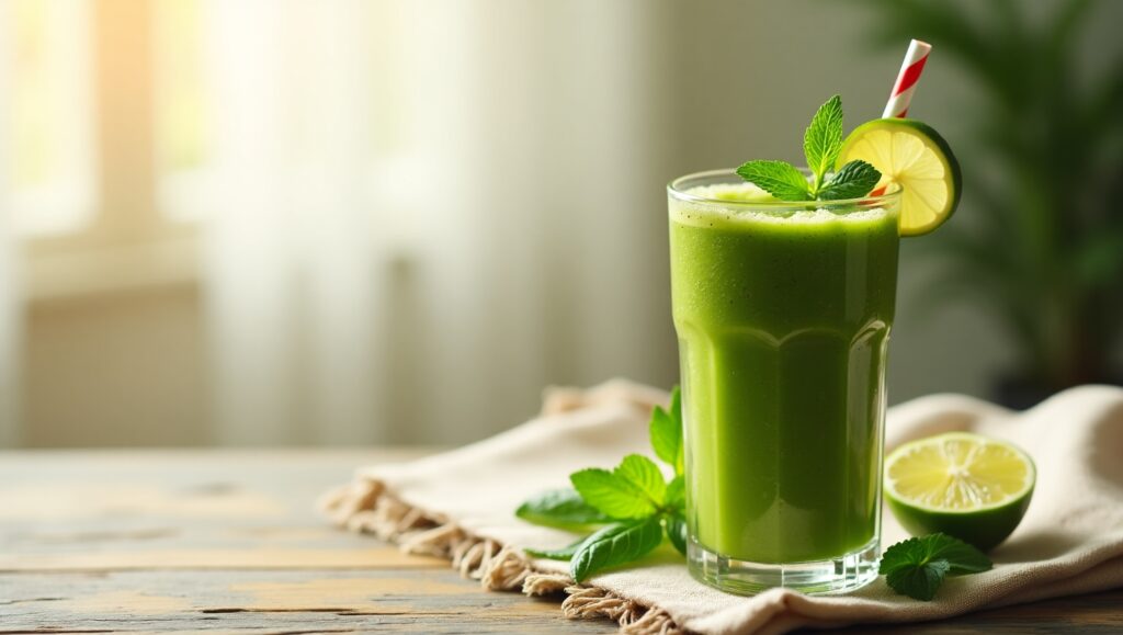 Ingredients for green juice, including kale, spinach, and cucumber on a wooden board