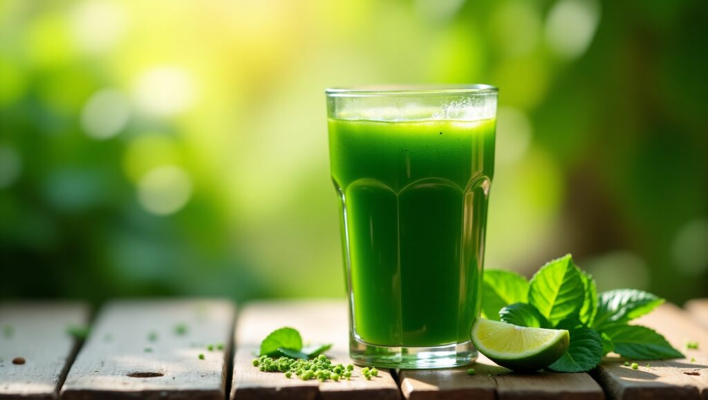 Fresh green juice in a glass surrounded by leafy greens