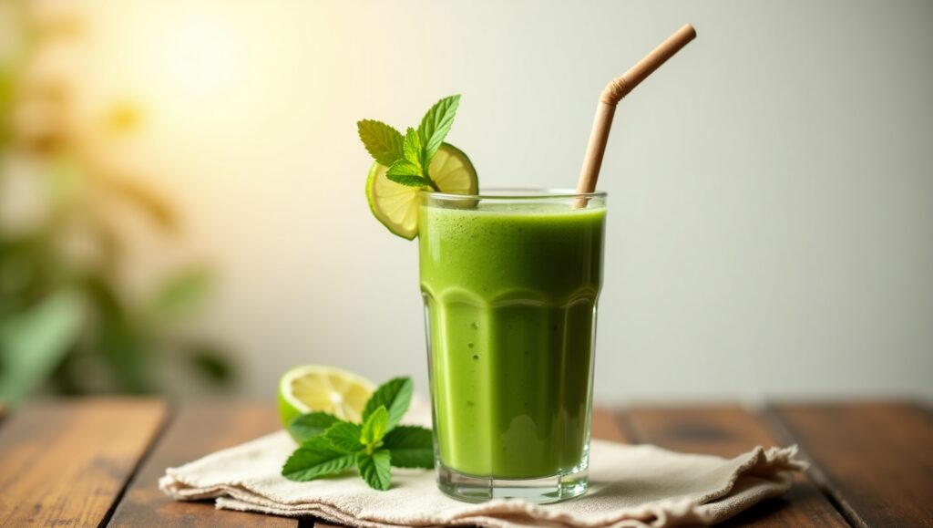 Green juice served with a lemon slice on the rim