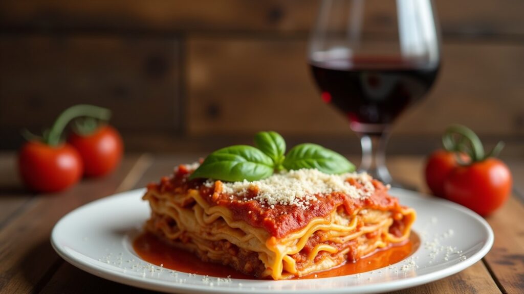 Lasagna with a side of red wine on a rustic table