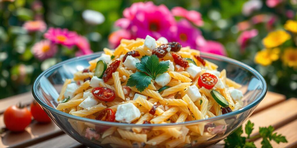 A colorful bowl of pasta salad with fresh vegetables and a vinaigrette.
