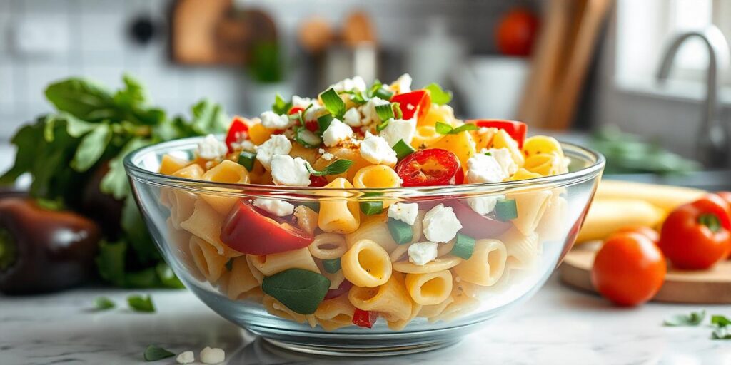 Pasta salad topped with shredded Parmesan and fresh basil leaves.
