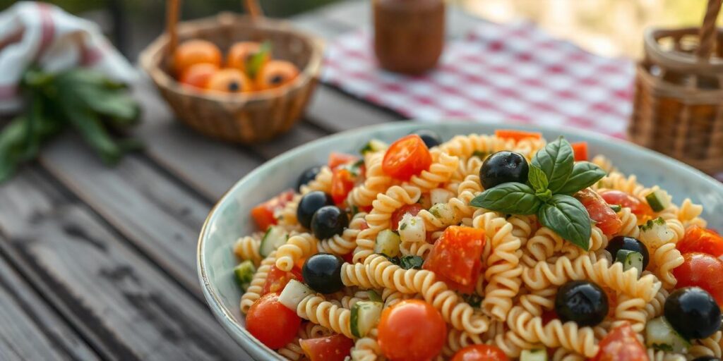 Close-up of pasta salad with cherry tomatoes, cucumbers, and feta cheese.
