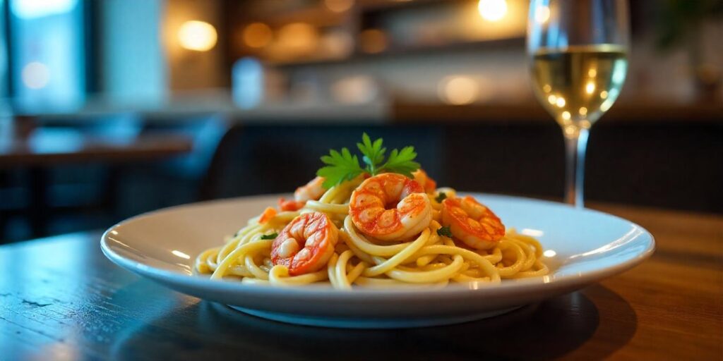 Spaghetti tossed with shrimp and a light tomato basil sauce.
