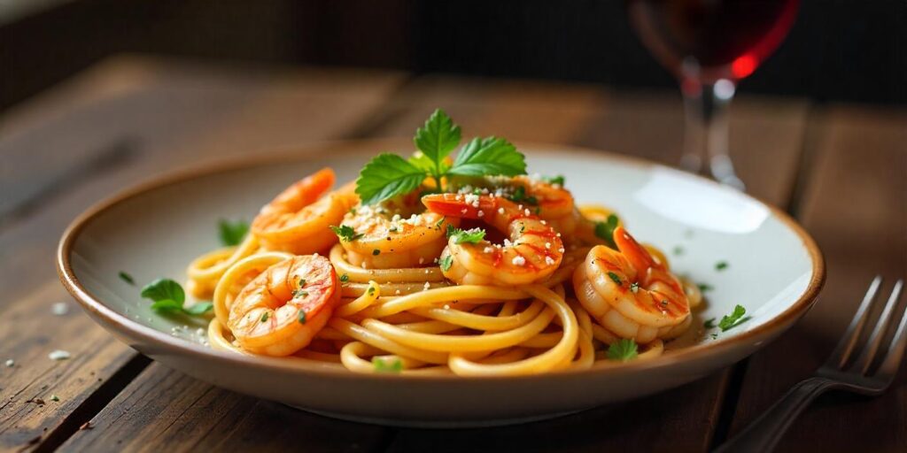 Homemade shrimp pasta in a creamy white wine sauce.
