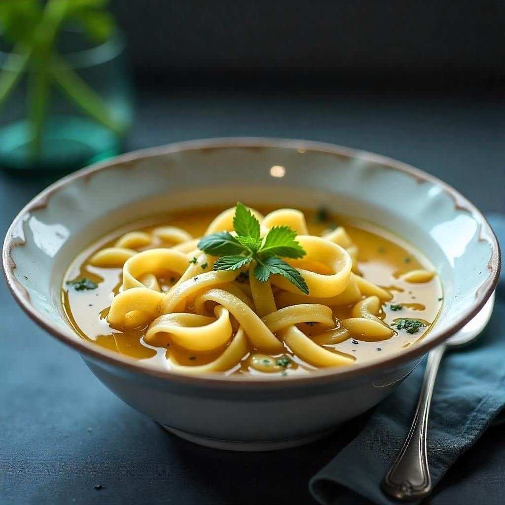 Overhead shot of a rustic table setting with a bowl of Chicken Noodle Soup