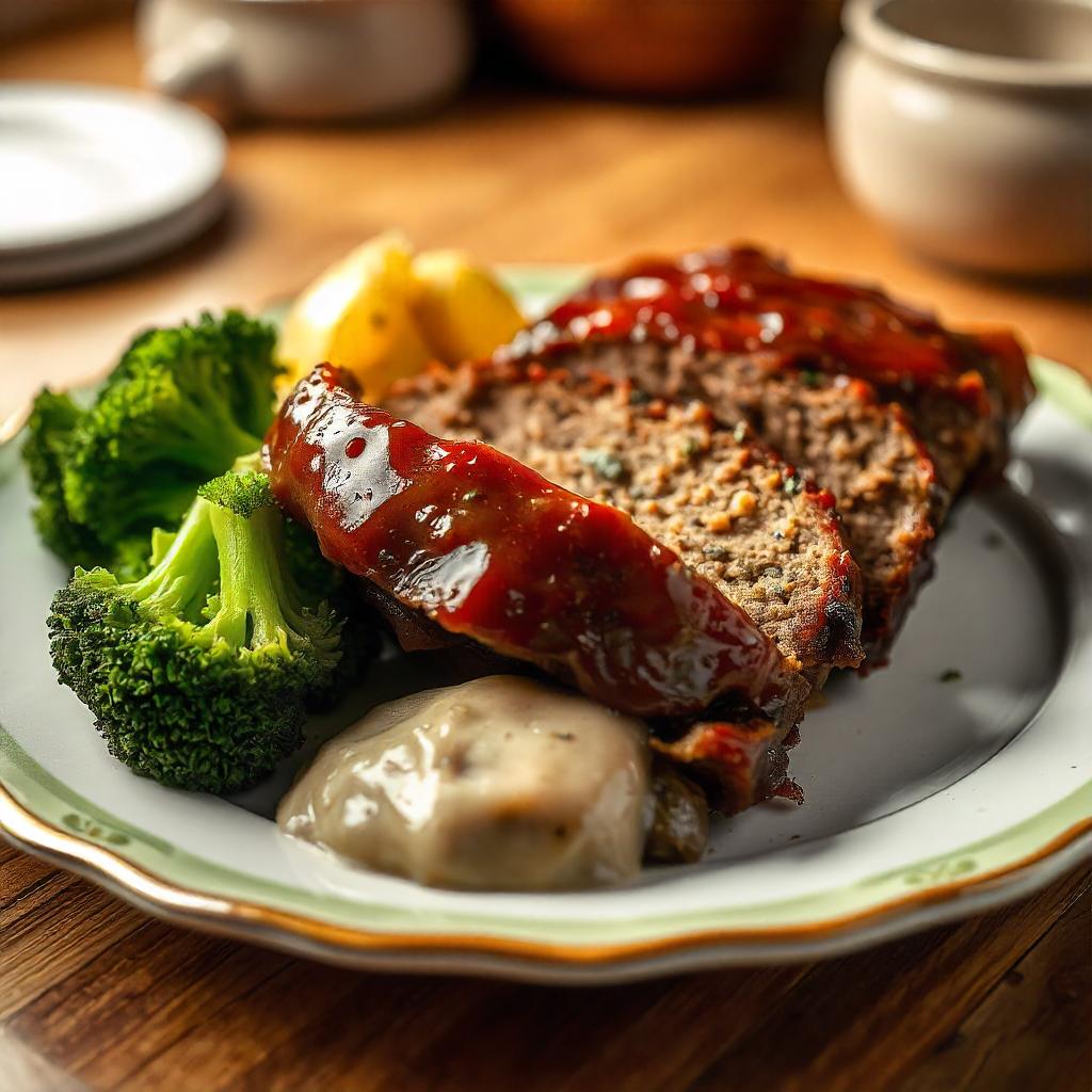 A comforting dinner plate featuring meatloaf, roasted vegetables, and fresh herbs.
