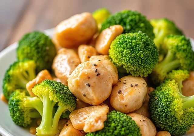 Stir-fried chicken and broccoli served with rice on a white plate.