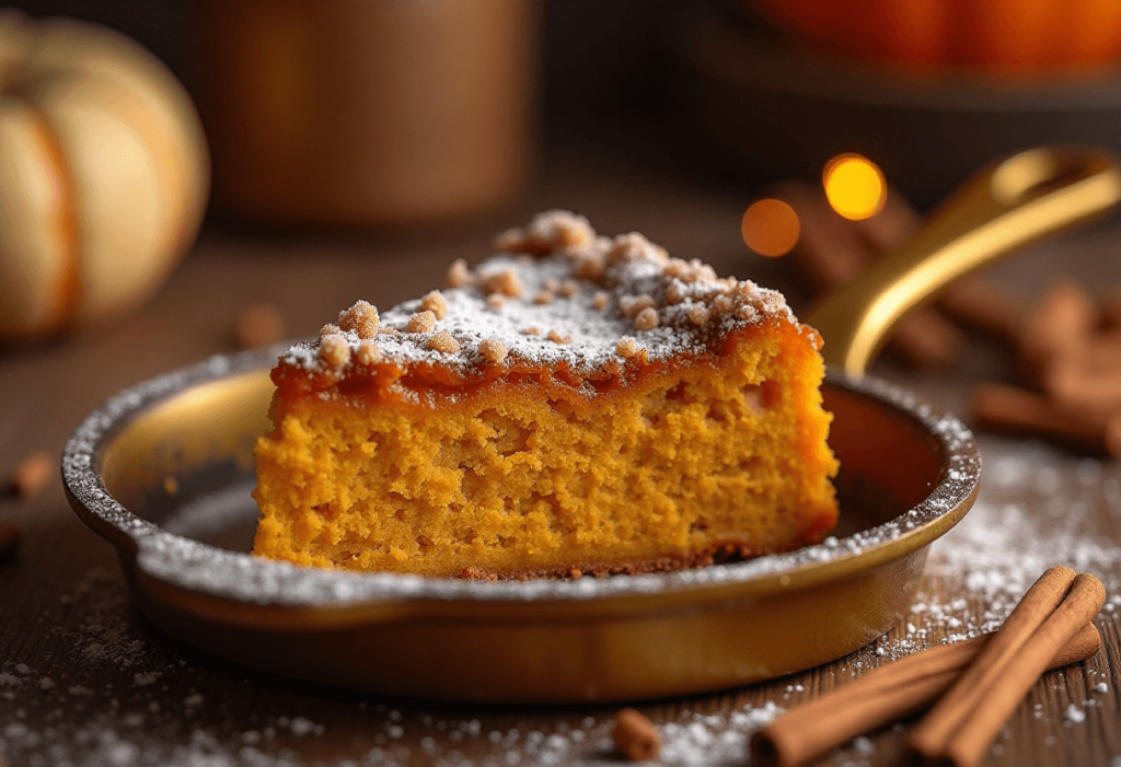 A slice of pumpkin dump cake with a golden brown top and soft, pumpkin-filled center