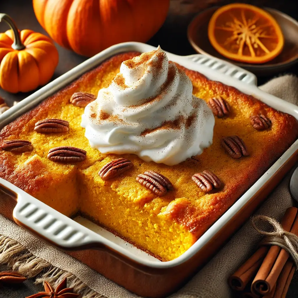 Delicious homemade pumpkin dump cake served fresh from the oven