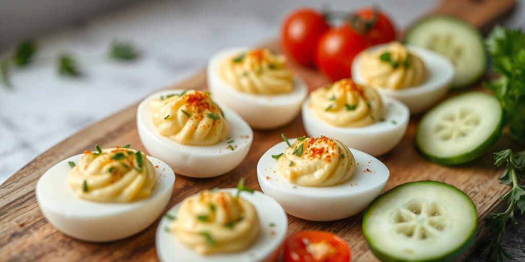 Deviled eggs topped with chives for added flavor
