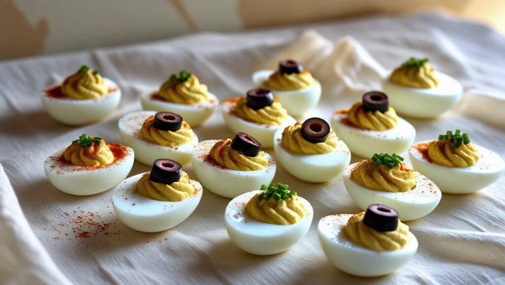 Close-up of deviled eggs with a creamy filling
