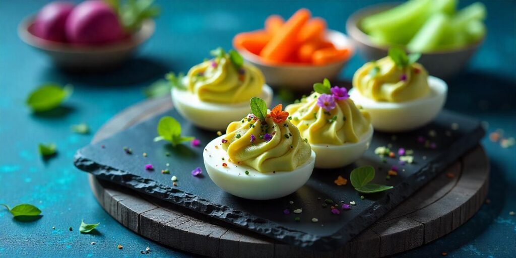 A plate of deviled eggs arranged for a party appetizer
