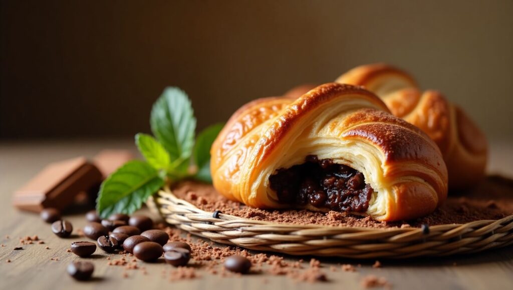 French pain au chocolat pastries filled with rich, melty chocolate inside flaky dough