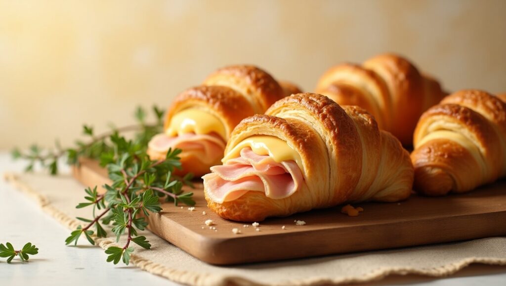 Savory ham and cheese croissants, golden brown with a delicious filling of melted cheese and ham.