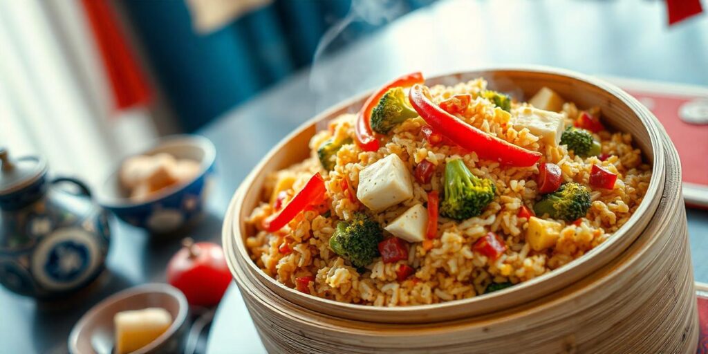 A plate of homemade fried rice with eggs, vegetables, and a hint of soy sauce.