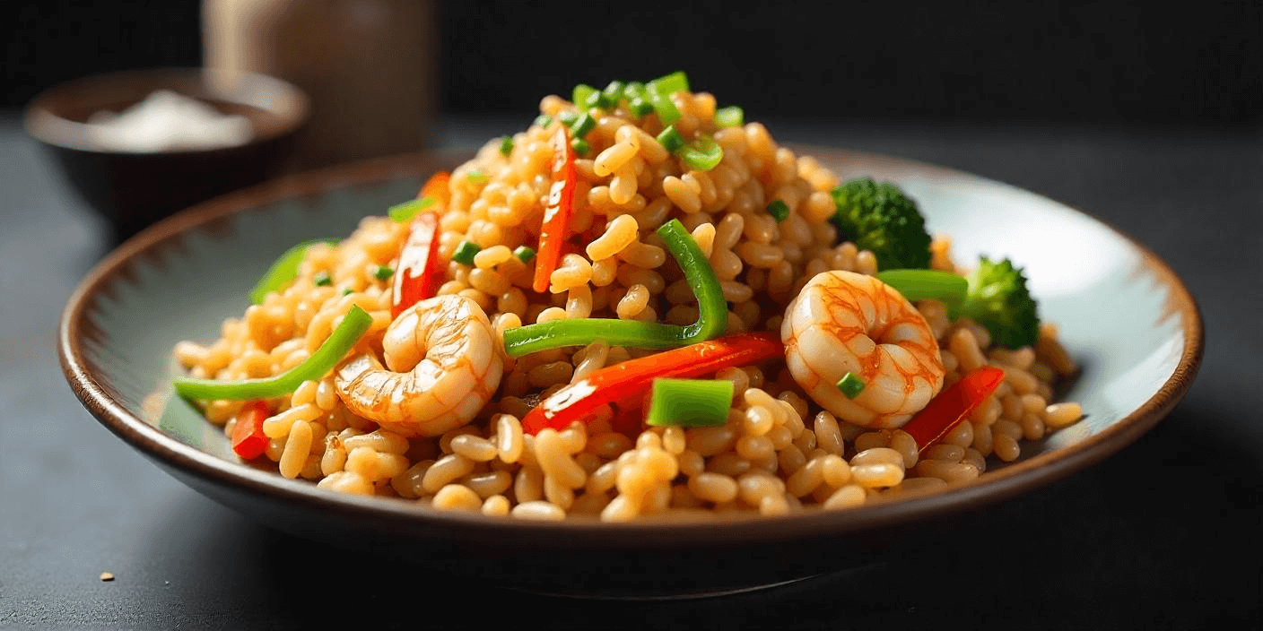 A hearty bowl of fried rice with crispy bits of vegetables and savory flavor.