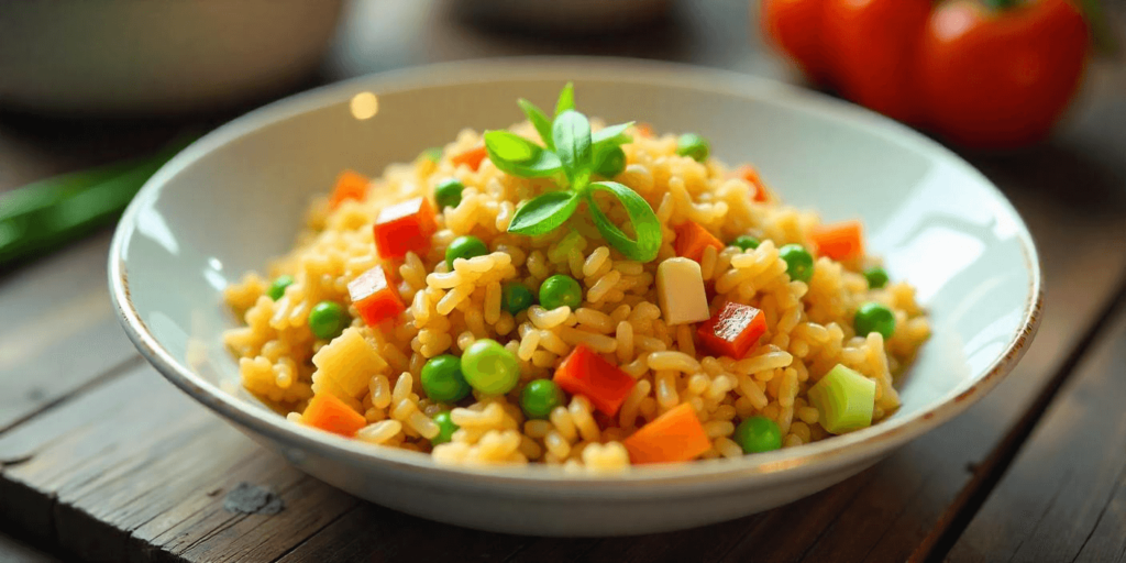 A delicious plate of fried rice made with fresh vegetables and savory seasonings