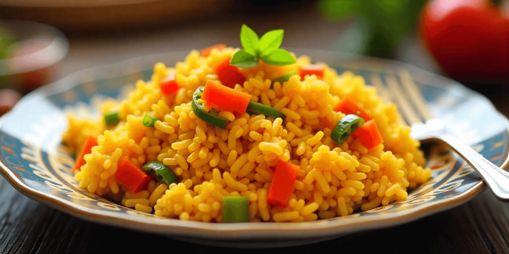 A close-up of fried rice with colorful vegetables 