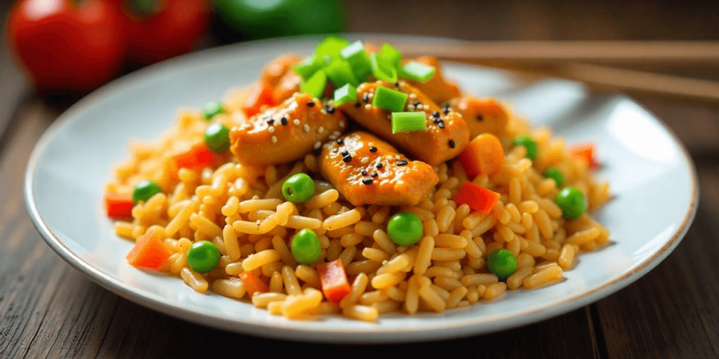 A sizzling plate of fried rice with tender chicken and vibrant veggies