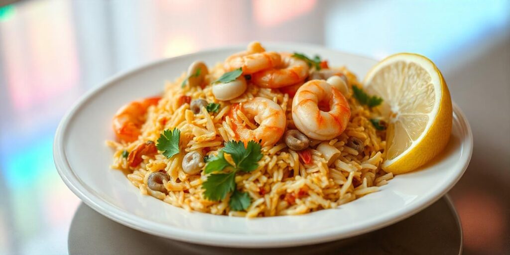 Fried rice with shrimp, vegetables, and soy sauce for a tasty meal.