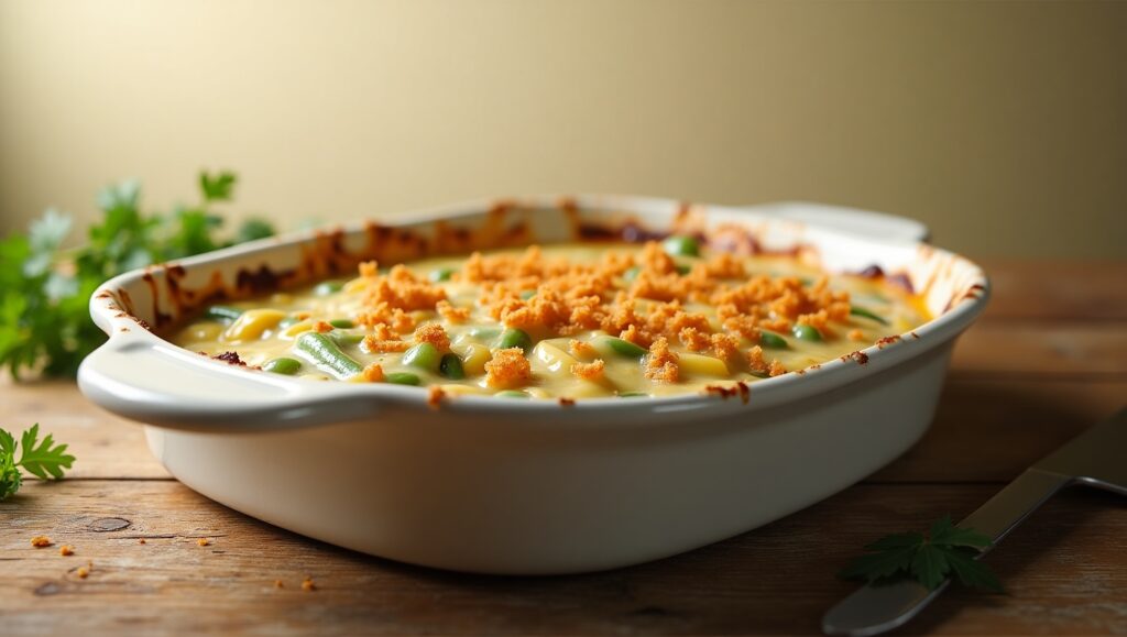 A delicious green bean casserole topped with crispy fried onions