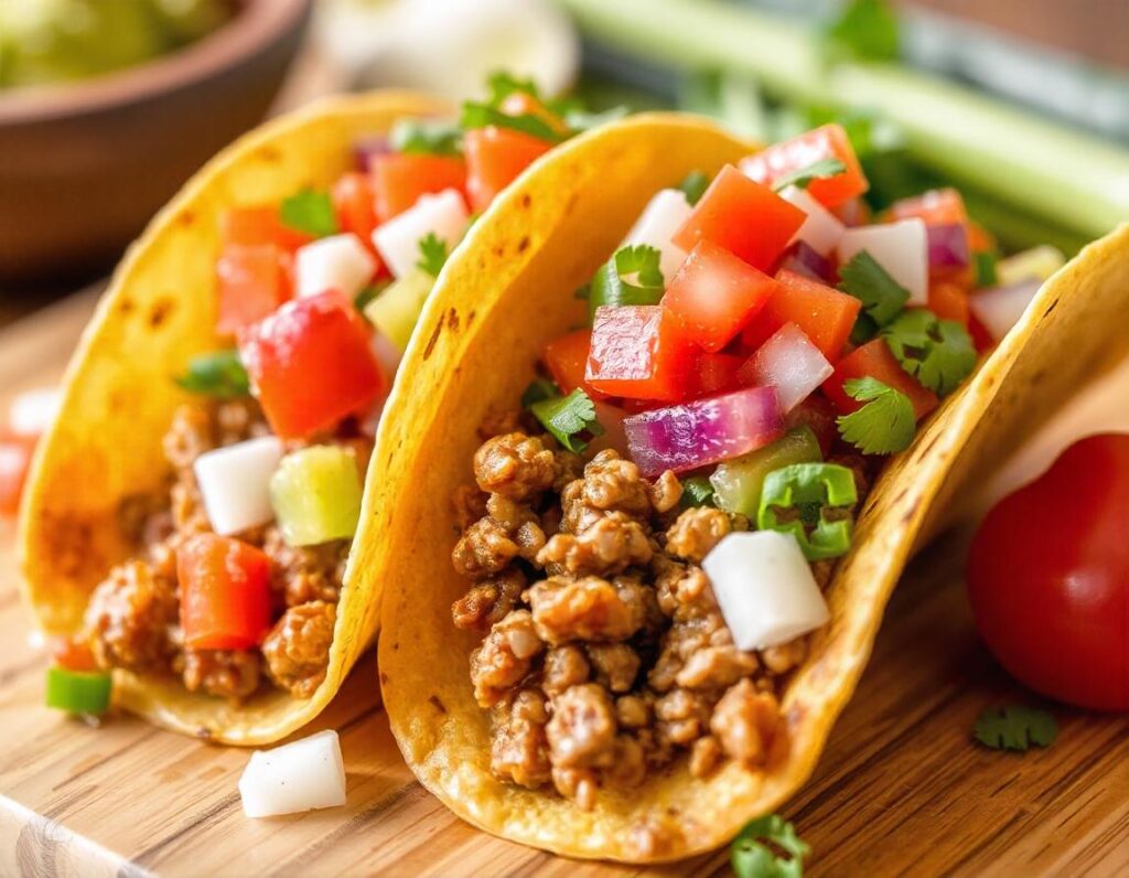 A vibrant taco platter with ground beef, guacamole, and fresh cilantro
