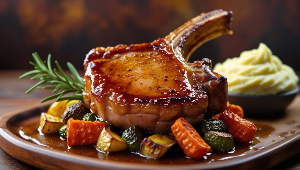 Golden pork chops served with a tangy sauce