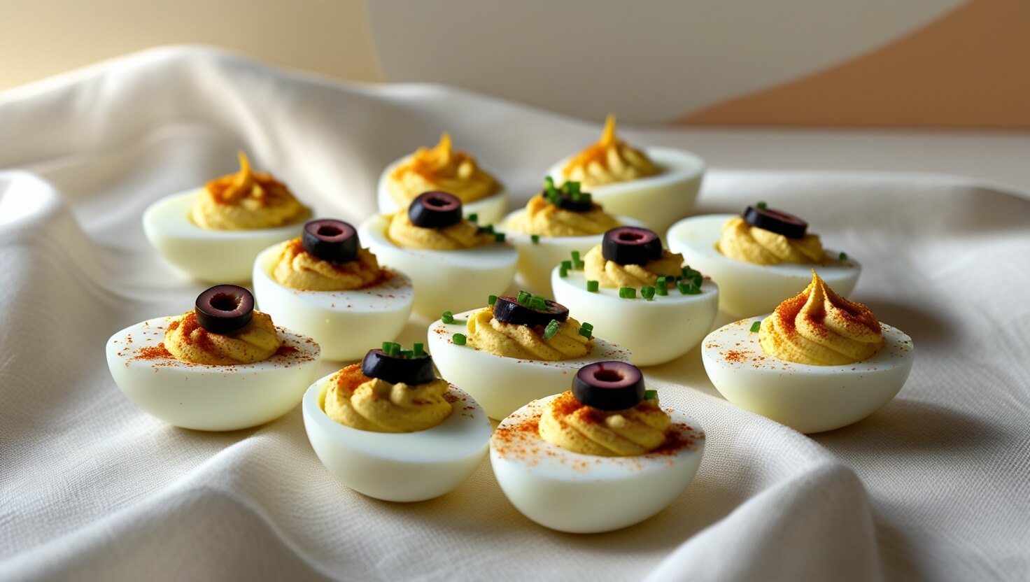 A party tray filled with beautifully decorated deviled eggs
